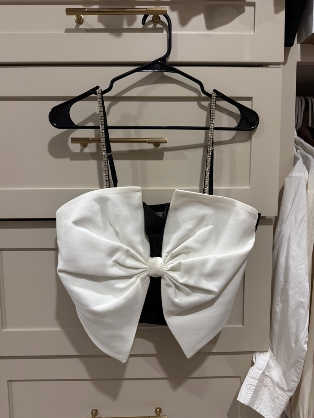 Bow-Front Rhinestone Strap Camisole in White and Black